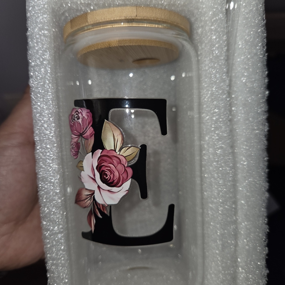 Floral Glass Tumbler with Bamboo Lid